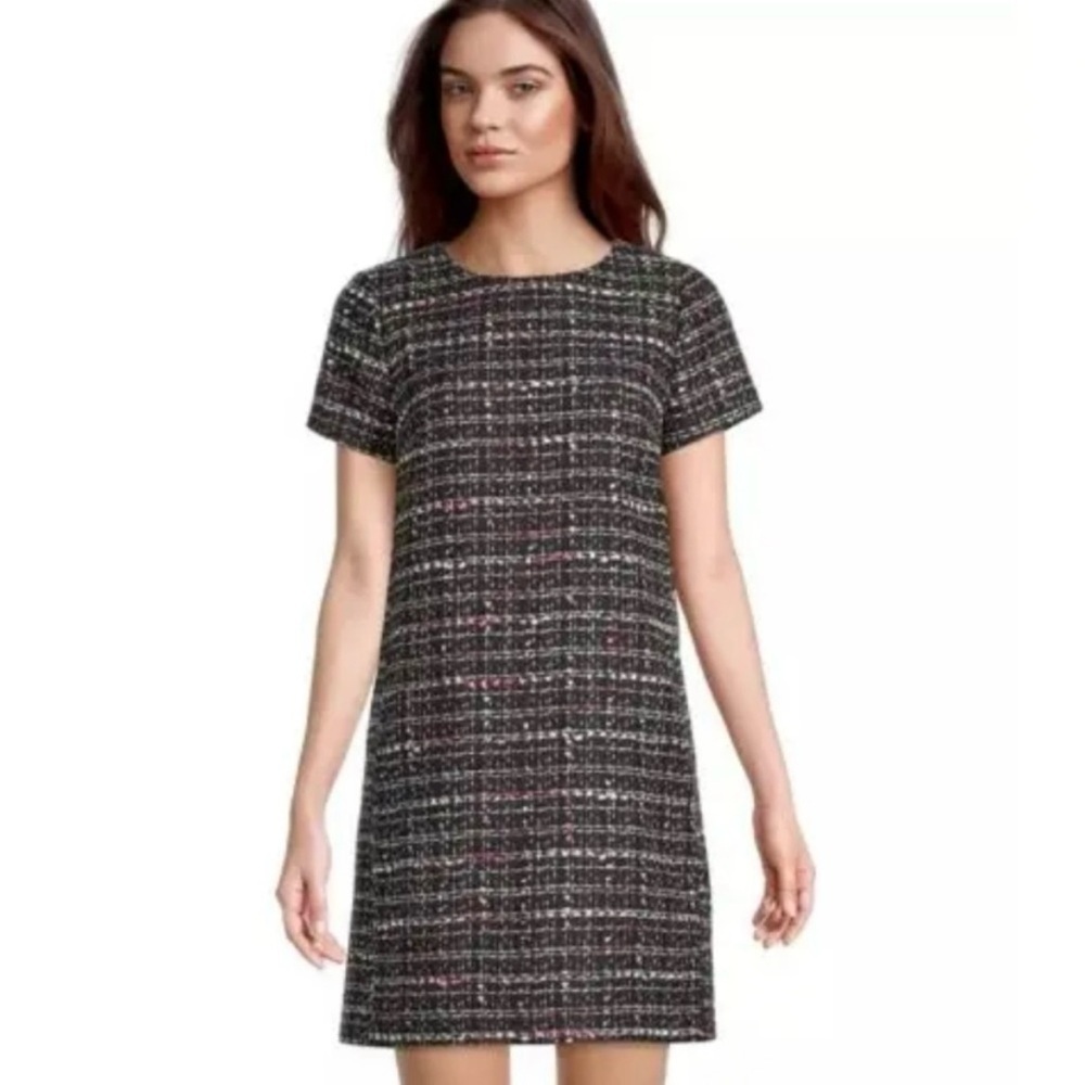 LOFT Tweed Shift Dress Short Sleeve Knee Length Black White Pink Lined Sz 8 NWT